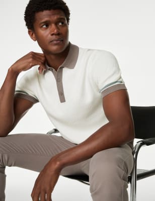 

Mens Autograph Cotton Rich Textured Knitted Polo Shirt - Ivory Mix, Ivory Mix