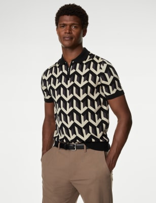 

Mens Autograph Cotton Rich Geometric Knitted Polo Shirt - Stone Mix, Stone Mix