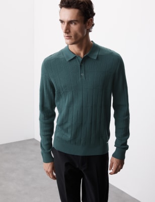 

Mens Autograph Cotton Modal Textured Knitted Polo Shirt - Petrol Green, Petrol Green