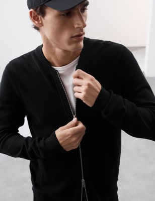 

Mens Autograph Cotton Rich Zip Up Knitted Bomber - Black, Black