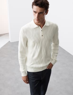 

Mens Autograph Cotton Blend Long Sleeve Knitted Polo Shirt - Ivory, Ivory