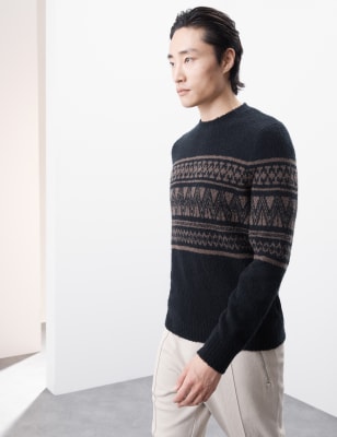 

Mens Autograph Merino Wool Rich Fair Isle Crew Neck Jumper - Black Mix, Black Mix