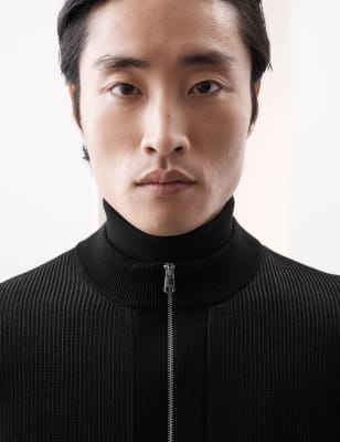 

Mens Autograph Mercerised Cotton Ribbed Knitted Jacket, Black