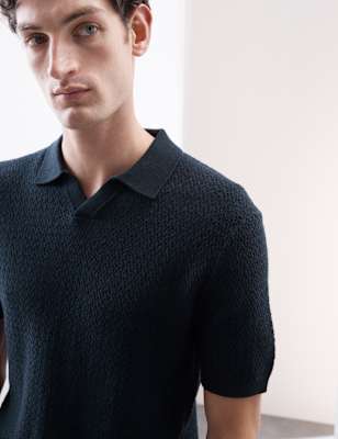 

Mens Autograph Linen Rich Knitted Open Neck Polo Shirt, Dark Navy