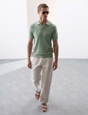 

Mens Autograph Linen Rich Knitted Open Neck Polo Shirt, Light Green