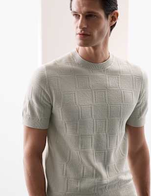 

Mens Autograph Mercerised Cotton Geometric Texture Knitted T-Shirt, Light Natural