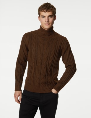 

Mens M&S Collection Chunky Cable Roll Neck Jumper - Chestnut, Chestnut