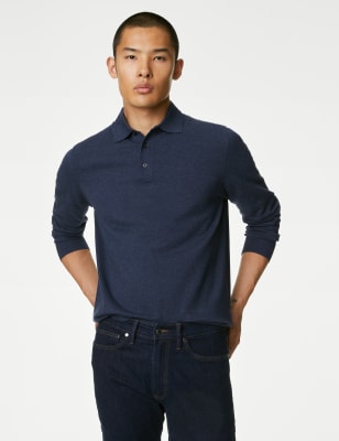 

Mens M&S Collection Strick-Poloshirt mit hohem Baumwollanteil und Kontrastelementen - Denim, Denim