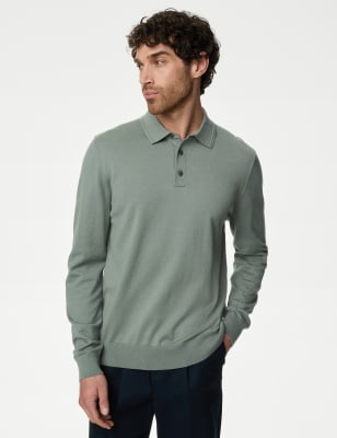 

Mens M&S Collection Cotton Rich Tipped Knitted Polo Shirt - Medium Green, Medium Green