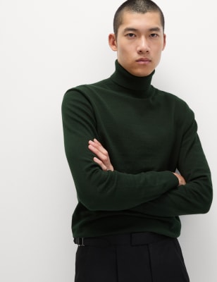 

Mens M&S Collection Cotton Rich Roll Neck Jumper with Wool - Bottle Green, Bottle Green