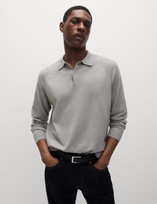 

Mens M&S Collection Poloshirt im Stricklook mit hohem Baumwollanteil - Light Grey, Light Grey