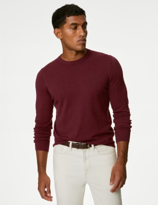 M&S Men's Pure Cotton Crew Neck Jumper - LREG - Burnt Orange, Beige,Navy,Black,Light Denim,Burnt Ora