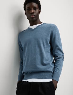 

Mens M&S Collection Pure Cotton V-Neck Knitted Jumper - Air Force Blue, Air Force Blue