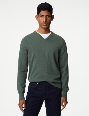 

Mens M&S Collection Pure Cotton V-Neck Knitted Jumper - Dark Sage, Dark Sage