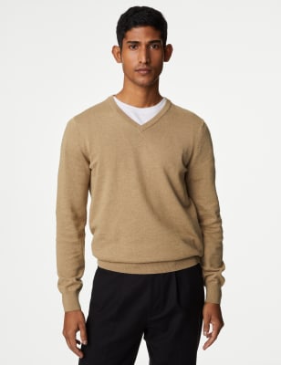 

Mens M&S Collection Pure Cotton V-Neck Knitted Jumper - Beige, Beige