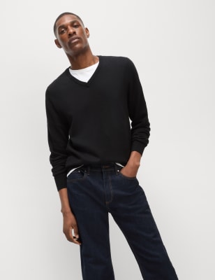 

Mens M&S Collection Pure Cotton V-Neck Knitted Jumper - Black, Black