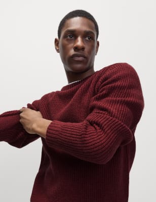 

Mens M&S Collection Pullover aus Lammwollmischgewebe mit Rundhalsausschnitt und Strukturmuster - Bordeaux, Bordeaux