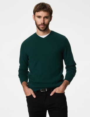 

Mens M&S Collection Pullover mit V-Ausschnitt aus besonders feiner, reiner Lammwolle - Evergreen, Evergreen