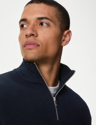 

Mens M&S Collection Cotton Blend Ribbed Funnel Neck Jumper - Dark Navy, Dark Navy