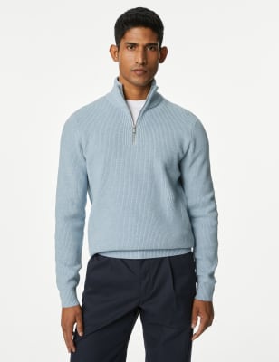 

Mens M&S Collection Cotton Blend Ribbed Funnel Neck Jumper - Pale Blue, Pale Blue