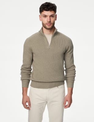 

Mens M&S Collection Cotton Blend Ribbed Funnel Neck Jumper - Sand, Sand