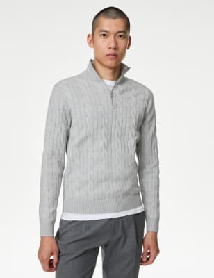 

Mens M&S Collection Cotton Blend Cable Funnel Neck Jumper - Grey Marl, Grey Marl