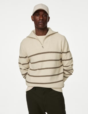 

Mens M&S Collection Cotton Blend Striped Half Zip Jumper, Ecru