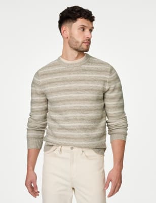 

Mens M&S Collection Cotton Blend Striped Crew Neck Jumper - Neutral, Neutral