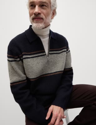 

Mens M&S Collection Gestricktes Poloshirt mit Streifen auf der Brust - Dark Navy, Dark Navy