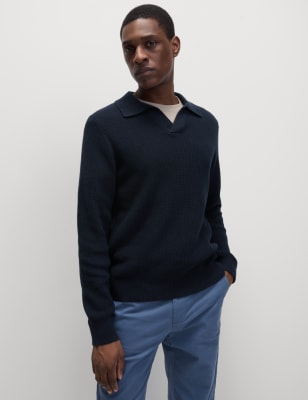 

Mens M&S Collection Cotton Rich Open Neck Jumper with Wool - Dark Navy, Dark Navy