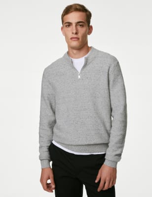 

Mens M&S Collection Cotton Blend Textured Half Zip Jumper - Grey Mix, Grey Mix