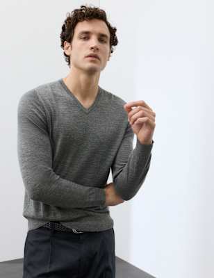 Mens Autograph Pure Extra Fine Merino Wool V-Neck Jumper, Medium Grey