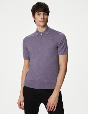 

Mens Autograph Pure Extra Fine Merino Wool Knitted Polo Shirt - Dark Grape, Dark Grape