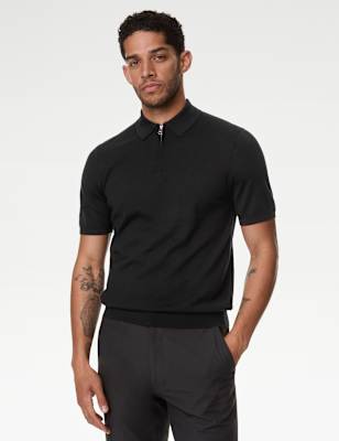 

Mens Autograph Pure Extra Fine Merino Wool Knitted Polo Shirt, Black