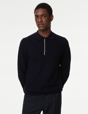 

Mens M&S Collection Strick-Poloshirt aus reiner Baumwolle mit Strukturmuster - Dark Navy, Dark Navy