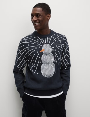 

Mens M&S Collection Pullover aus reiner Baumwolle mit Rundhalsausschnitt mit Schneemann-Motiv - Navy Mix, Navy Mix