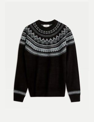 

Mens M&S Collection Fair Isle Crew Neck Jumper with Wool - Black, Black