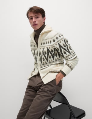 

Mens M&S Collection Pullover mit Norwegermuster und Stehkragen - Ecru, Ecru