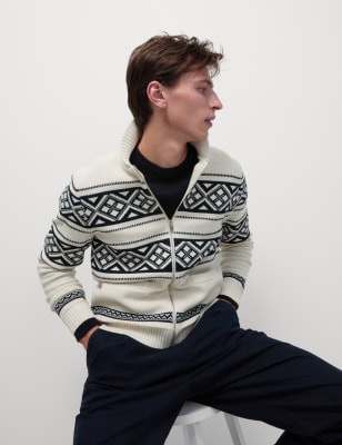 

Mens M&S Collection Strickjacke aus Baumwollmischgewebe mit Schalkragen und Norwegermuster - Ecru, Ecru