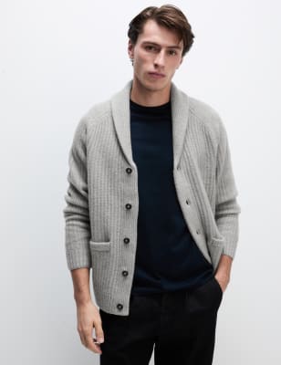 

Mens M&S Collection Supersoft with Wool Shawl Collar Cardigan - Silver Grey, Silver Grey