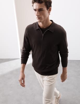 

Mens Autograph Pure Extra Fine Merino Wool Knitted Polo - Dark Chocolate, Dark Chocolate