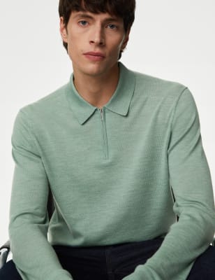 

Mens Autograph Pure Extra Fine Merino Wool Knitted Polo - Soft Green, Soft Green