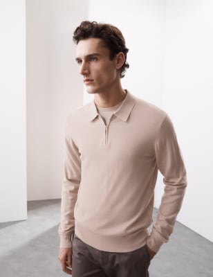 

Mens Autograph Pure Extra Fine Merino Wool Knitted Polo - Dusted Pink, Dusted Pink