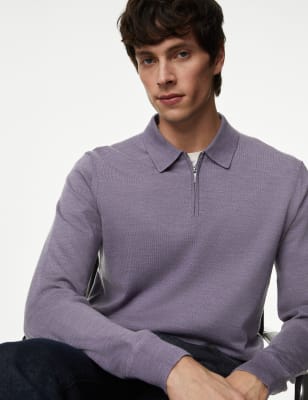 

Mens Autograph Pure Extra Fine Merino Wool Knitted Polo - Dark Grape, Dark Grape