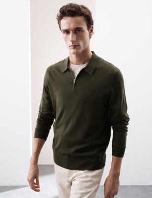 

Mens Autograph Pure Extra Fine Merino Wool Knitted Polo - Dark Khaki, Dark Khaki