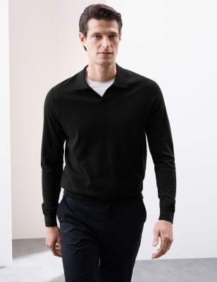 

Mens Autograph Pure Extra Fine Merino Wool Knitted Polo Shirt, Black