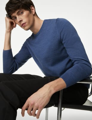 

Mens Autograph Pure Extra Fine Merino Wool Crew Neck Jumper - Medium Blue, Medium Blue