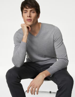 

Mens Autograph Pure Extra Fine Merino Wool V-Neck Jumper - Mid Grey, Mid Grey