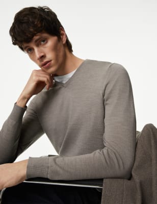 

Mens Autograph Pure Extra Fine Merino Wool V-Neck Jumper - Taupe, Taupe