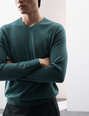 

Mens Autograph Pure Extra Fine Merino Wool V-Neck Jumper - Petrol Green, Petrol Green